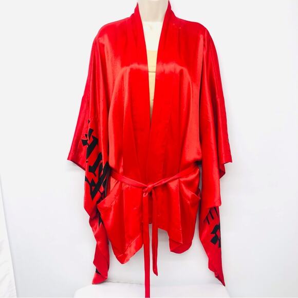 Alambic Red Asian Inspired Loungewear Set Pants and Open Front Tie Waist Robe - Picture 6 of 16